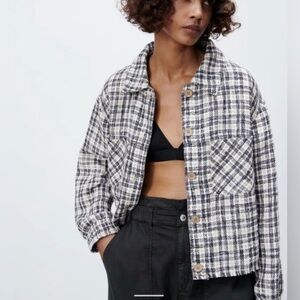 Zara Plaid Textured Tweed Overshirt with Raw hem Button Front OVERSHIRT size M